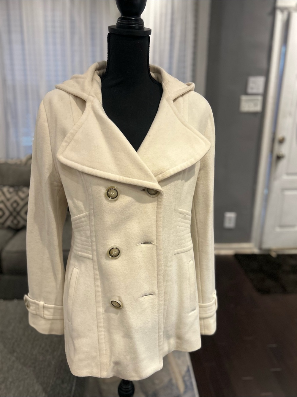 Kenneth Cole Reaction Cream Double-Breasted Hooded Peacoat